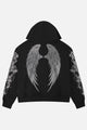 Black hooded zip hoodie with silver rhinestone thorn and wing graphics
