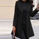 Women's long tailored coat with notched lapels and button front