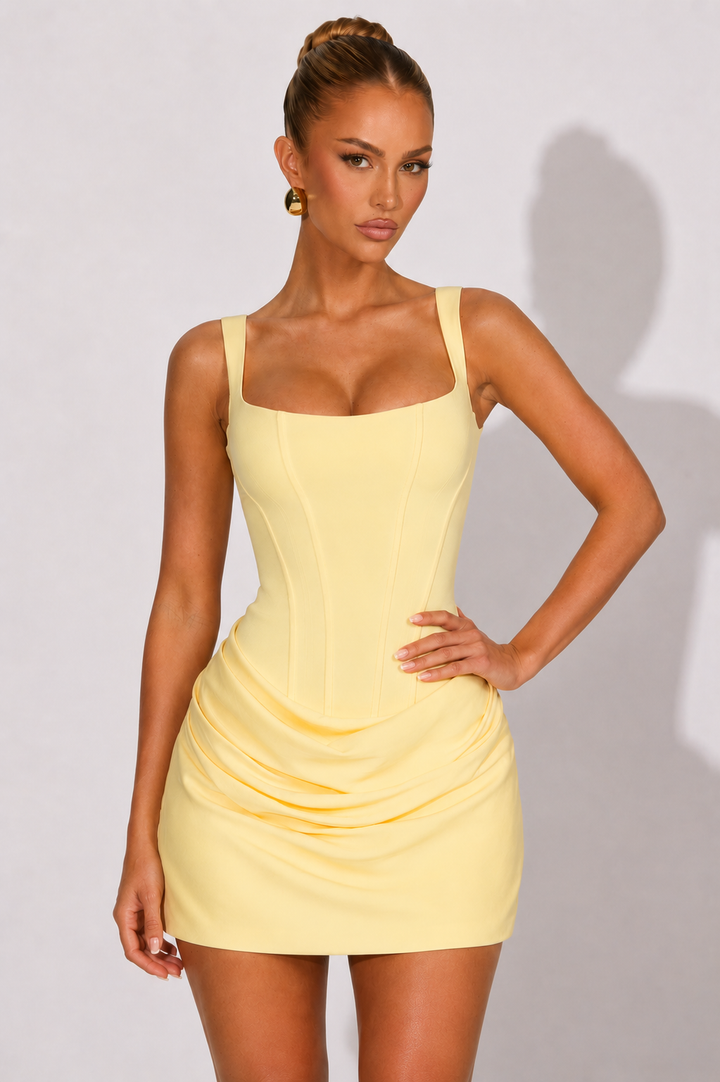 Women's Corset Bodycon Mini Dress, Draped Skirt, Square Neck