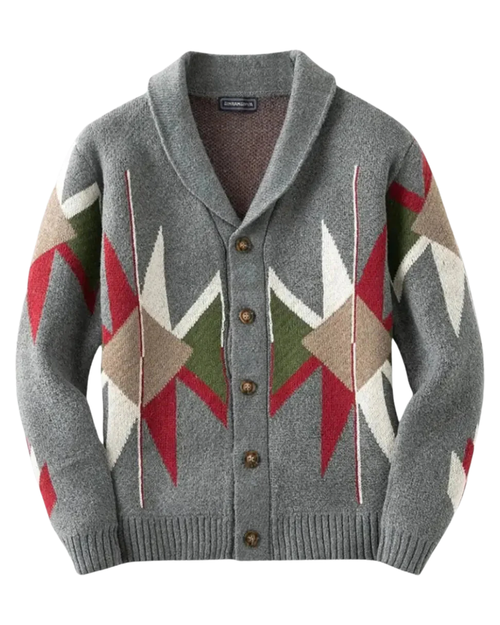 Men's grey geometric jacquard cardigan with shawl collar and button front