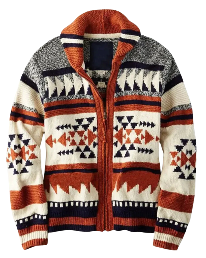 Orange geometric patterned cardigan with high collar and front zipper