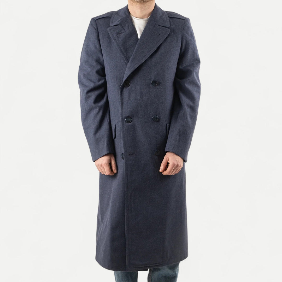 Men's navy double-breasted long overcoat with notched lapels