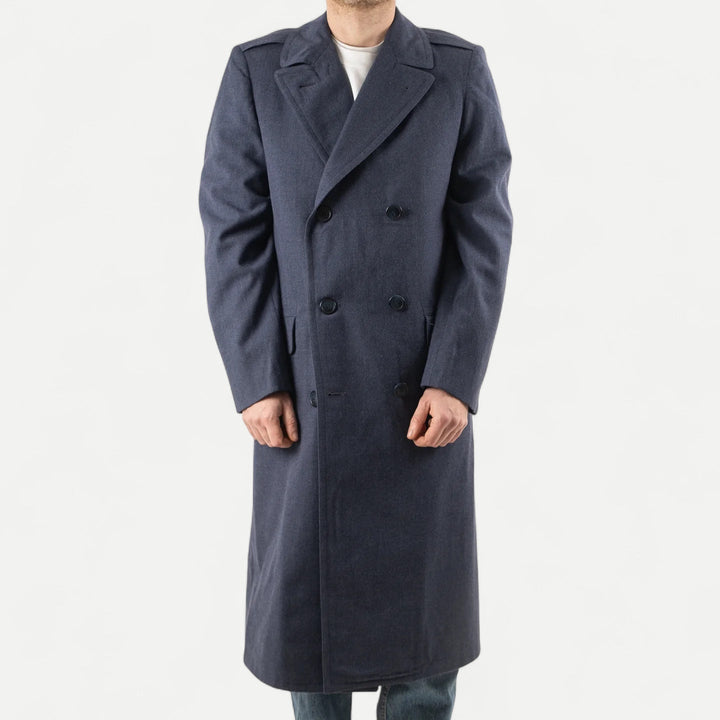 Men's navy double-breasted long overcoat with notched lapels