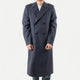 Men's navy double-breasted long overcoat with notched lapels