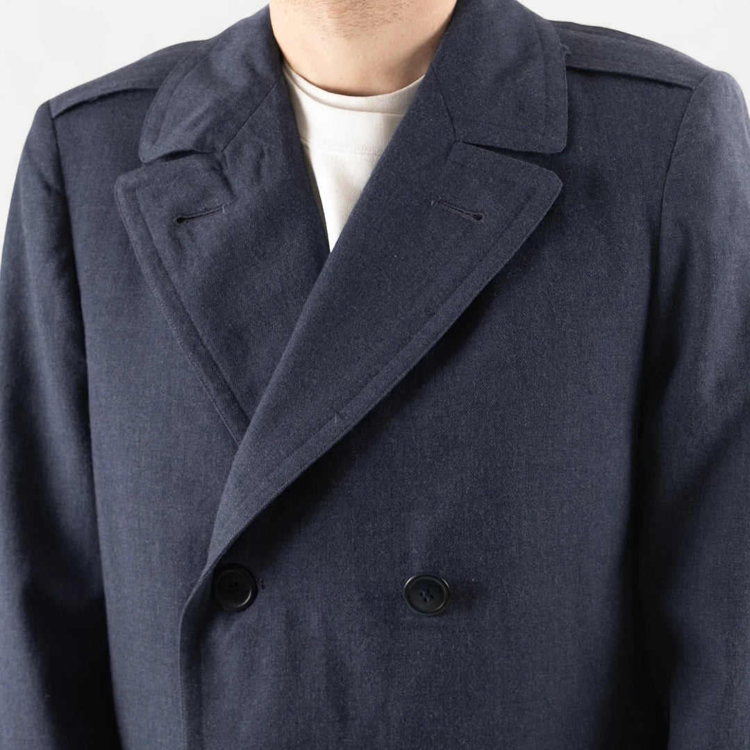 Men's navy double-breasted long overcoat with notched lapels