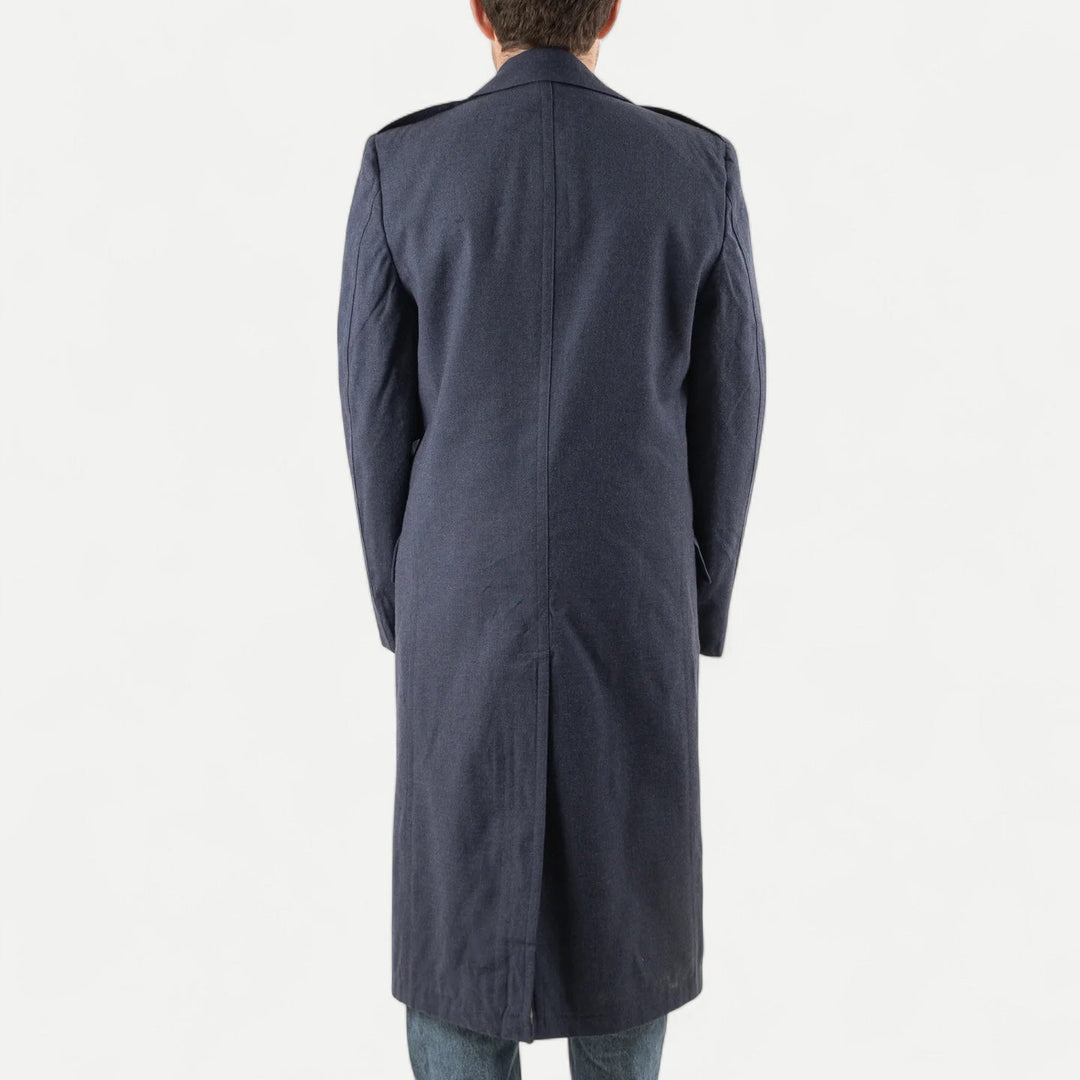 Men's navy double-breasted long overcoat with notched lapels