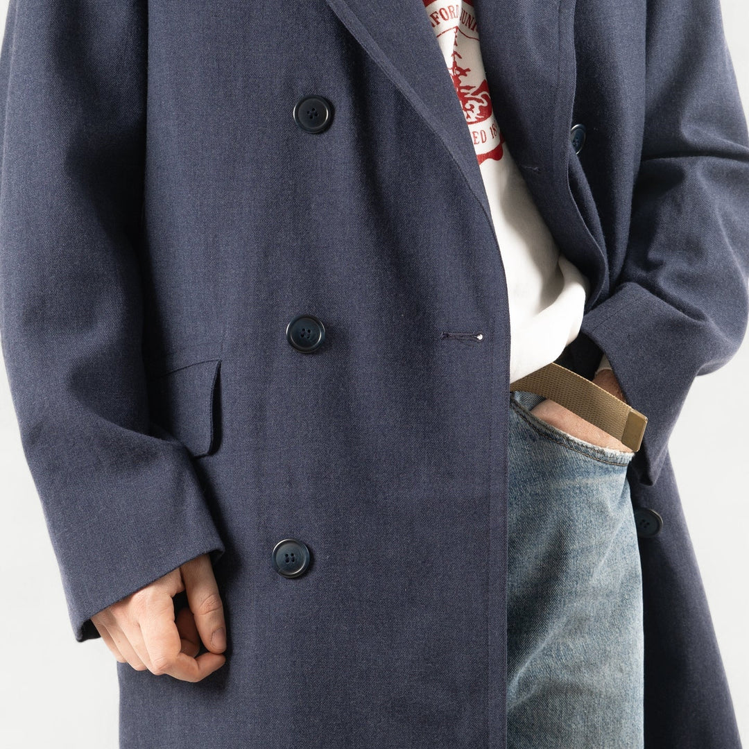 Men's navy double-breasted long overcoat with notched lapels