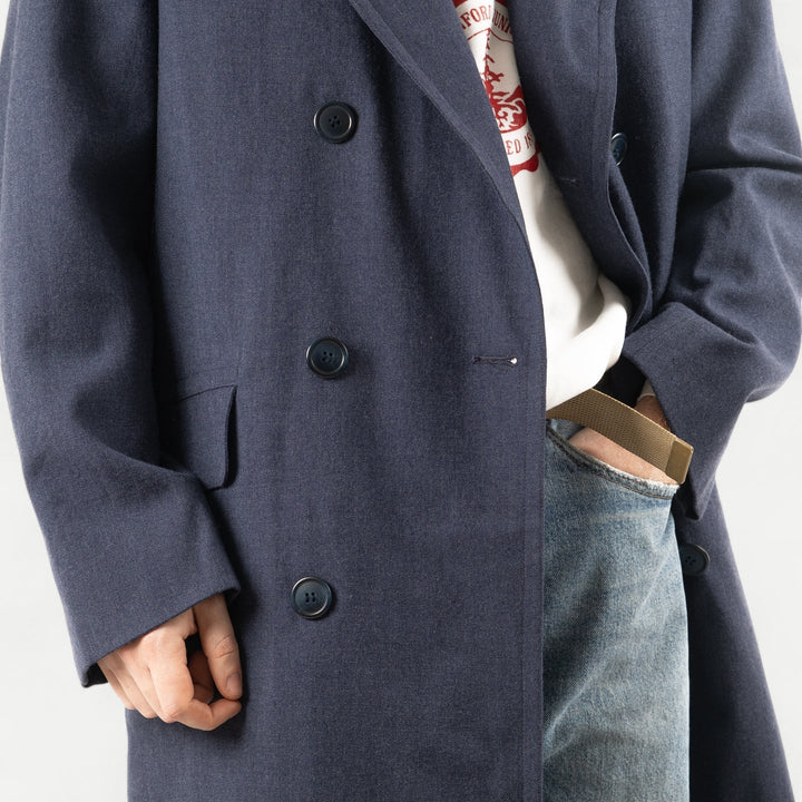 Men's navy double-breasted long overcoat with notched lapels