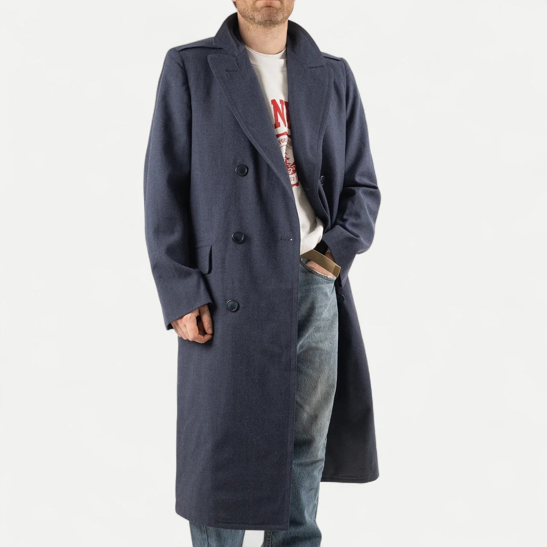 Men's navy double-breasted long overcoat with notched lapels