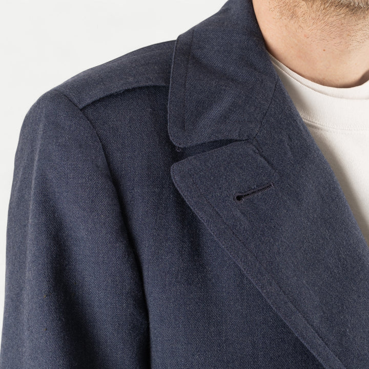 Men's navy double-breasted long overcoat with notched lapels