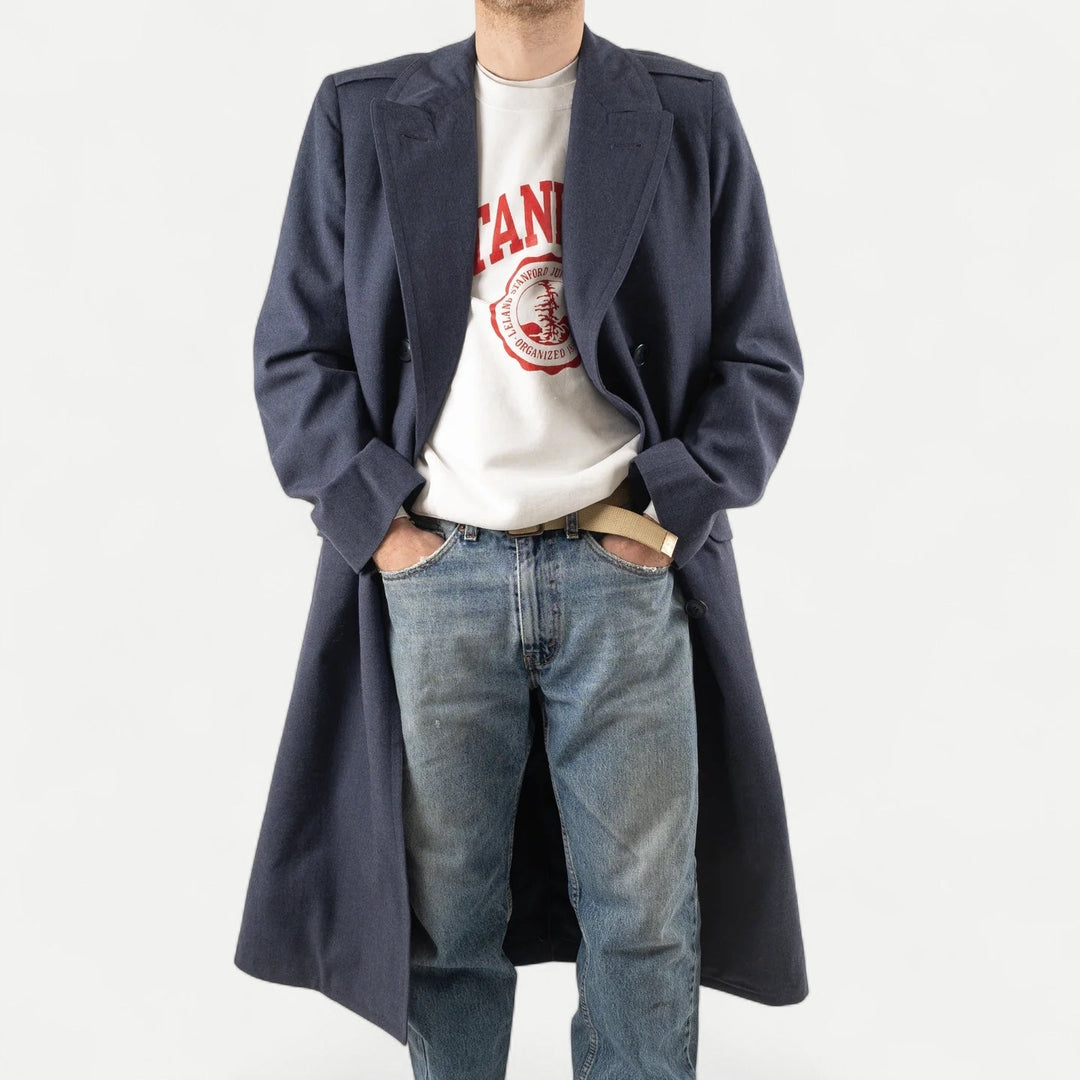 Men's navy double-breasted long overcoat with notched lapels