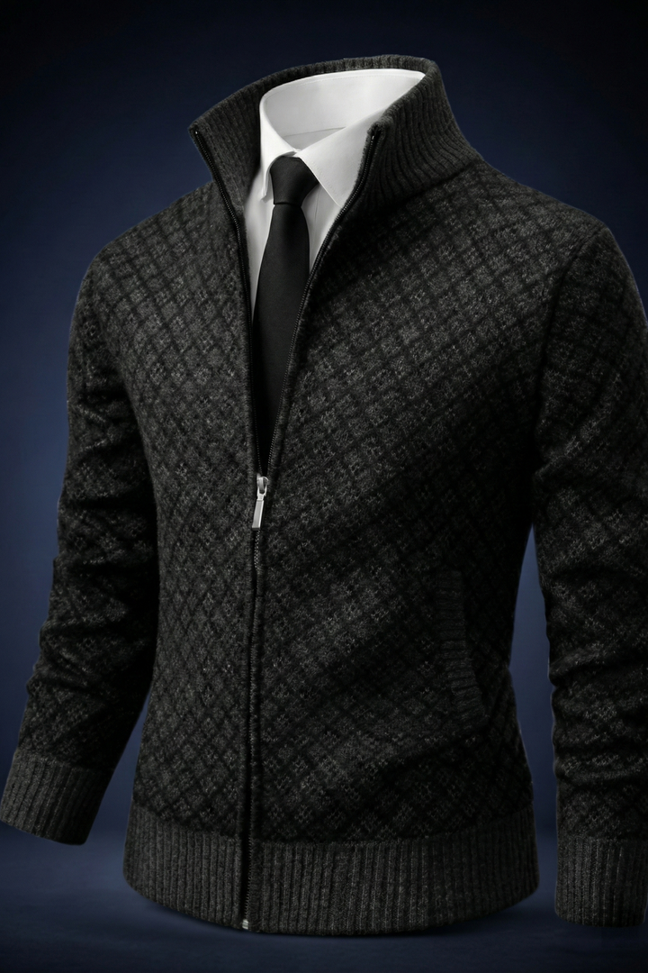 Textured zip cardigan with diamond pattern and ribbed trims