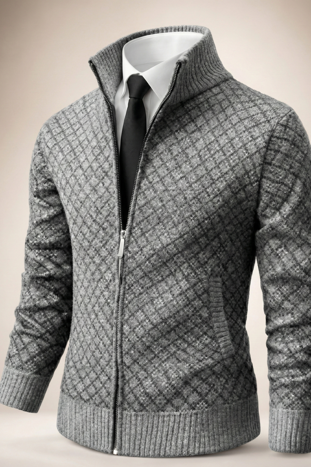 Textured zip cardigan with diamond pattern and ribbed trims