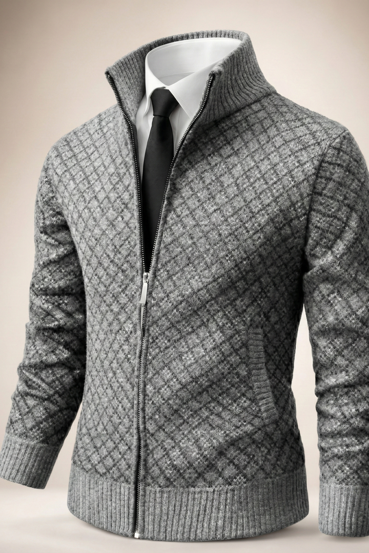 Textured zip cardigan with diamond pattern and ribbed trims