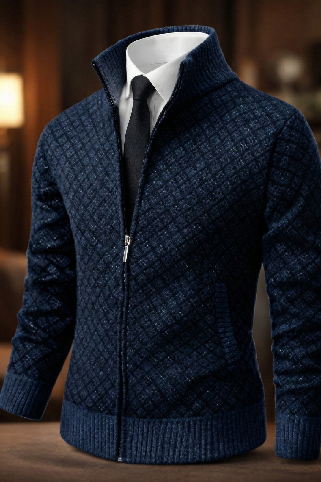 Textured zip cardigan with diamond pattern and ribbed trims