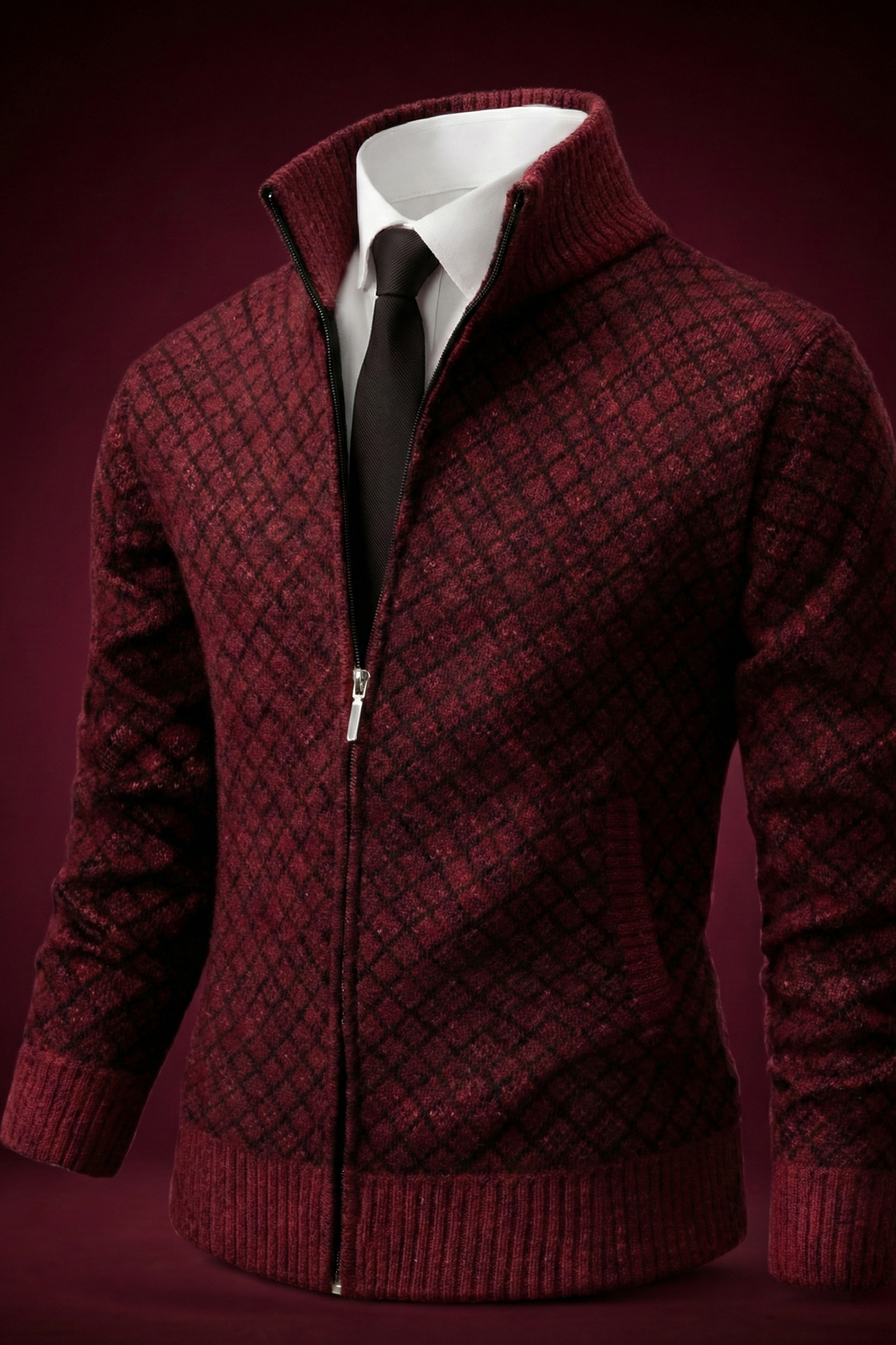 Textured zip cardigan with diamond pattern and ribbed trims