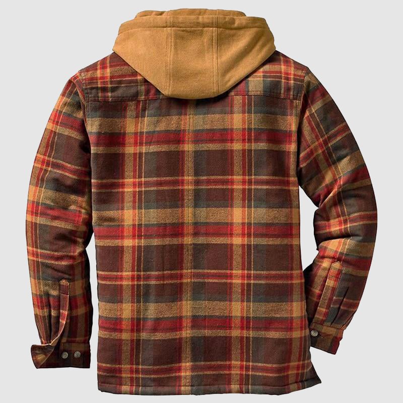 Women's plaid hooded jacket with chest pockets and quilted lining