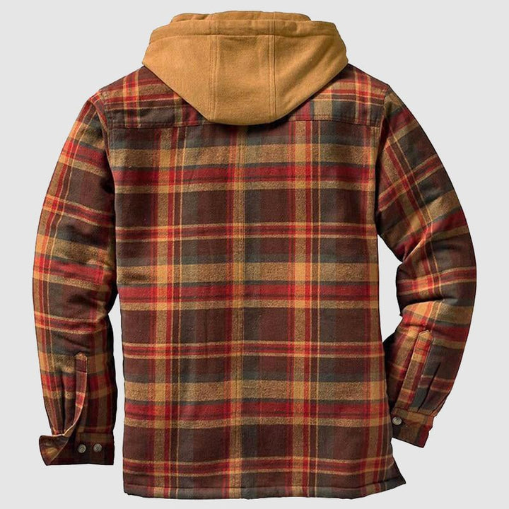 Women's plaid hooded jacket with chest pockets and quilted lining