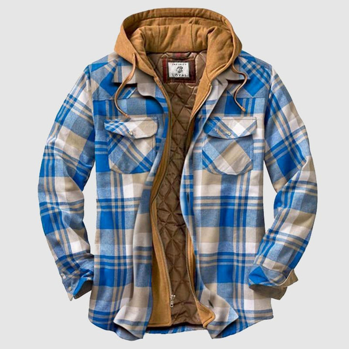 Women's plaid hooded jacket with chest pockets and quilted lining