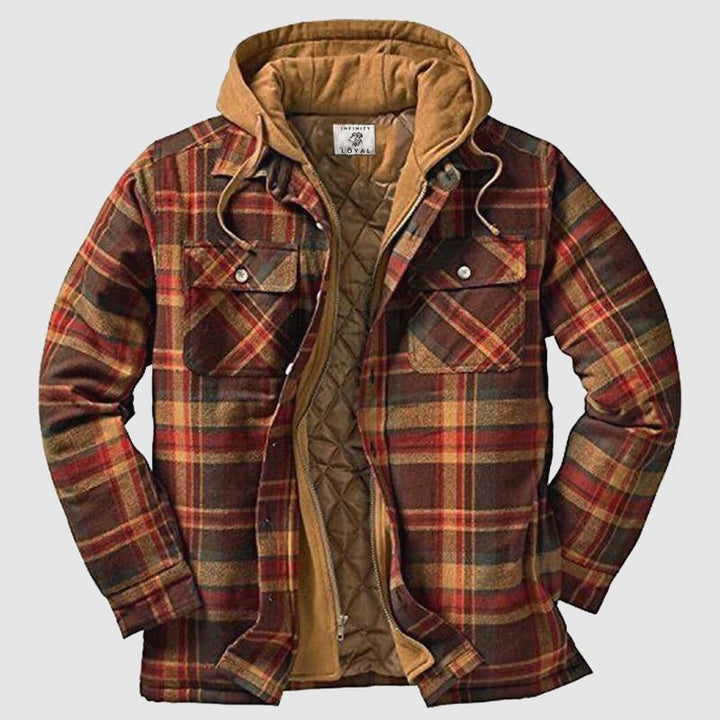 Women's plaid hooded jacket with chest pockets and quilted lining