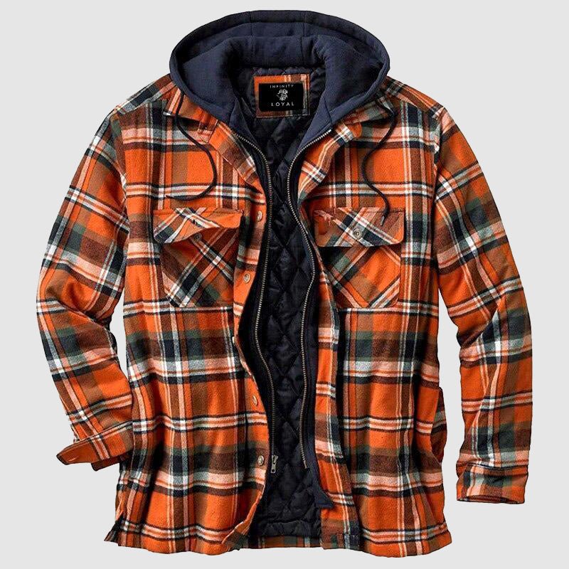 Women's plaid hooded jacket with chest pockets and quilted lining