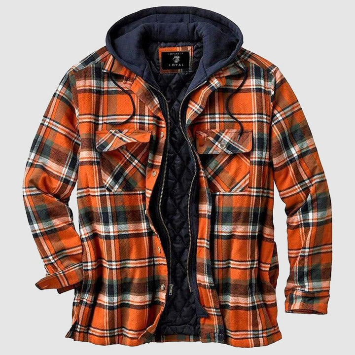 Women's plaid hooded jacket with chest pockets and quilted lining