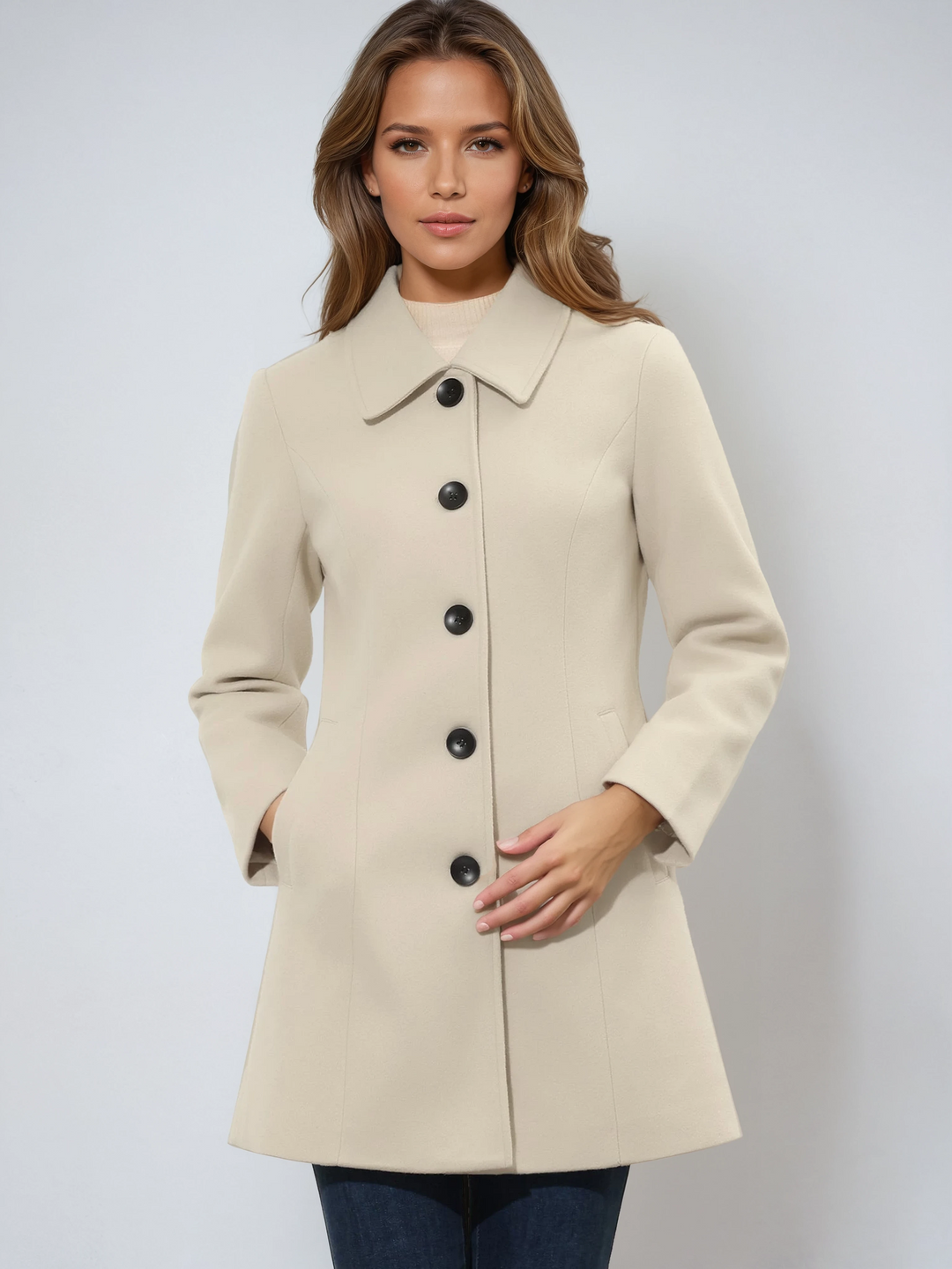 Women's single-breasted winter coat with notched collar and buttons