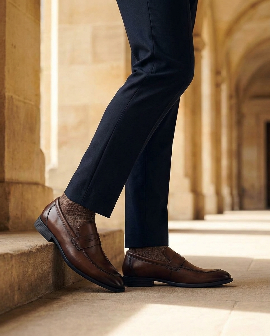 Men's penny loafers with rounded toes, low heels and vamp strap detail