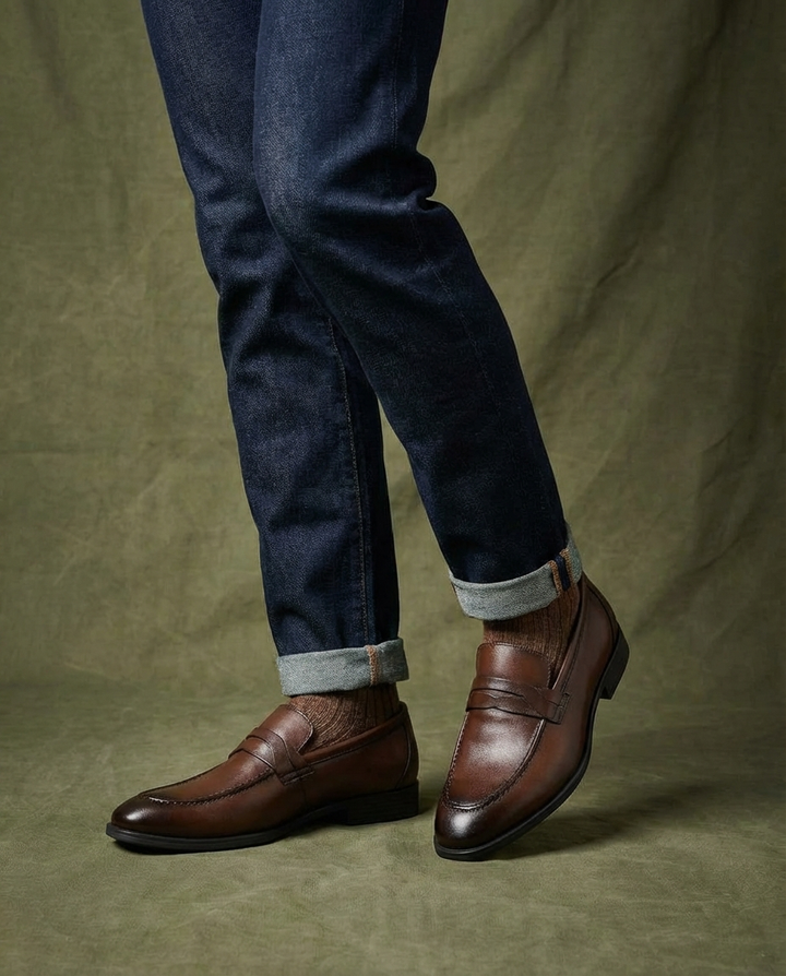 Men's penny loafers with rounded toes, low heels and vamp strap detail
