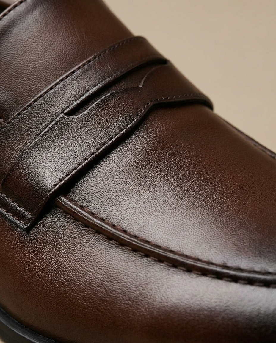 Men's penny loafers with rounded toes, low heels and vamp strap detail