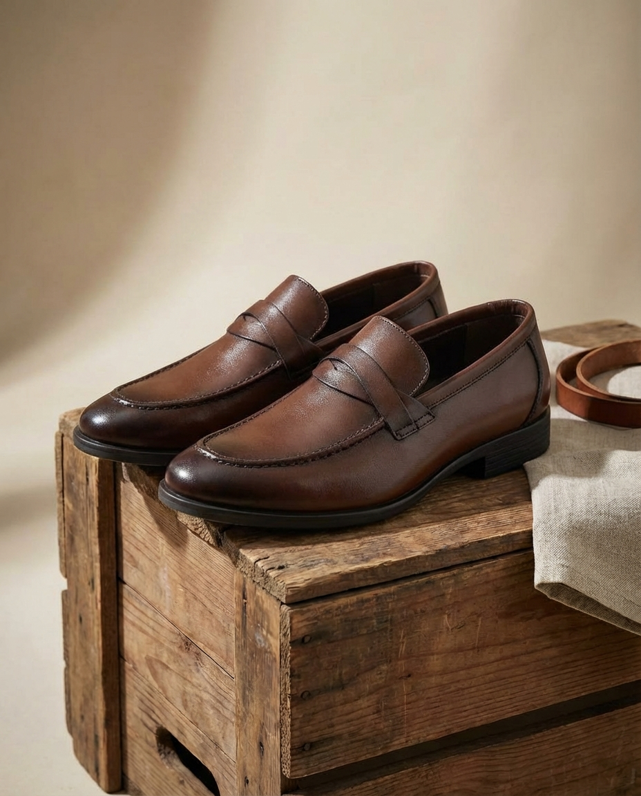 Men's penny loafers with rounded toes, low heels and vamp strap detail