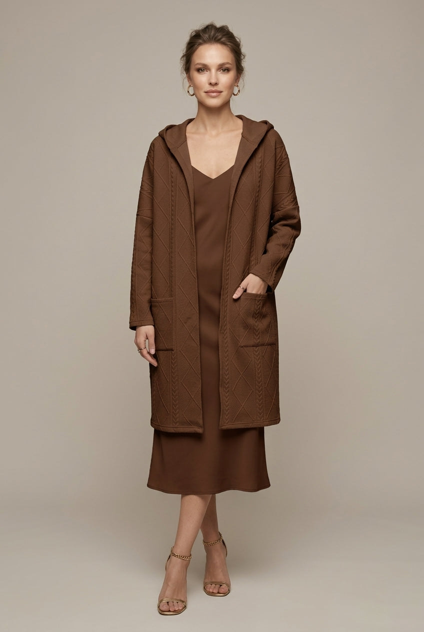 Women's hooded textured longline cardigan with open front and front pockets