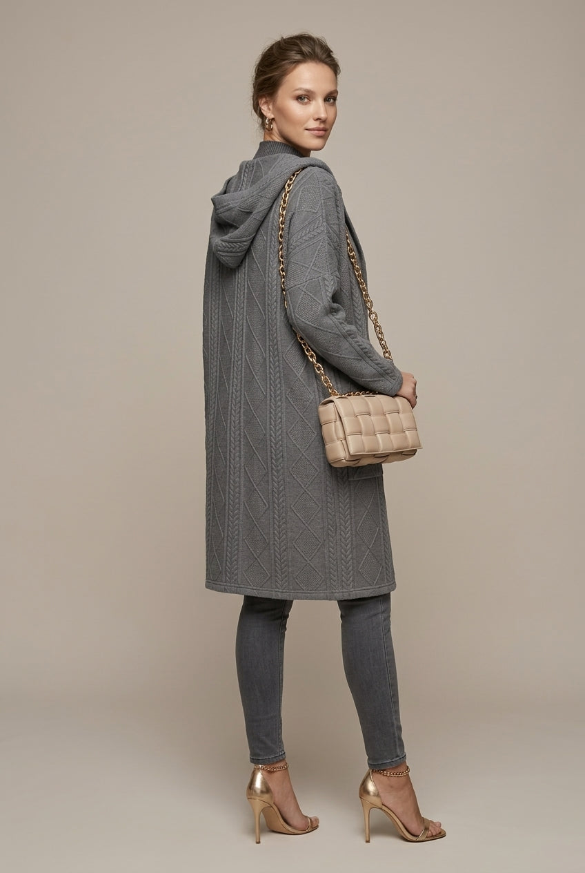 Women's hooded textured longline cardigan with open front and front pockets