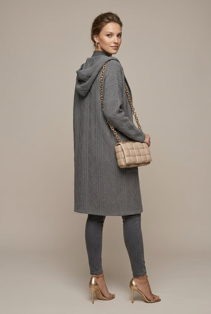Women's hooded textured longline cardigan with open front and front pockets
