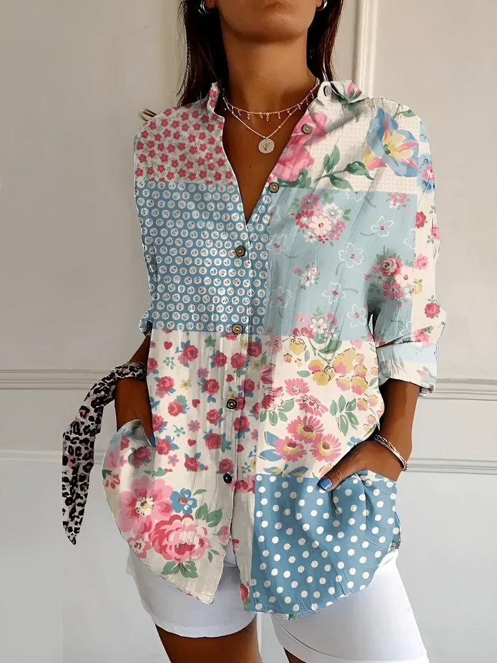 Women's printed button shirt with collar, marine motifs and three-quarter sleeves