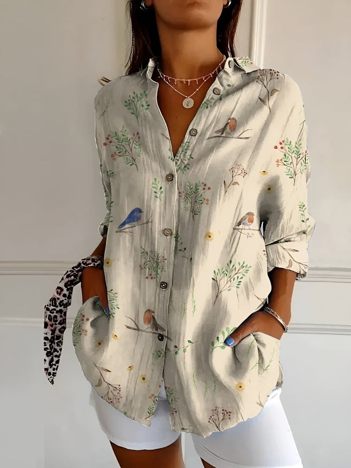 Women's printed button shirt with collar, marine motifs and three-quarter sleeves