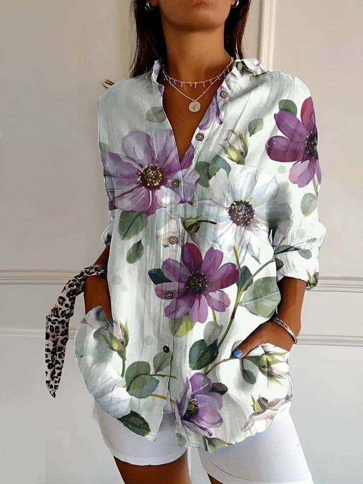 Women's printed button shirt with collar, marine motifs and three-quarter sleeves
