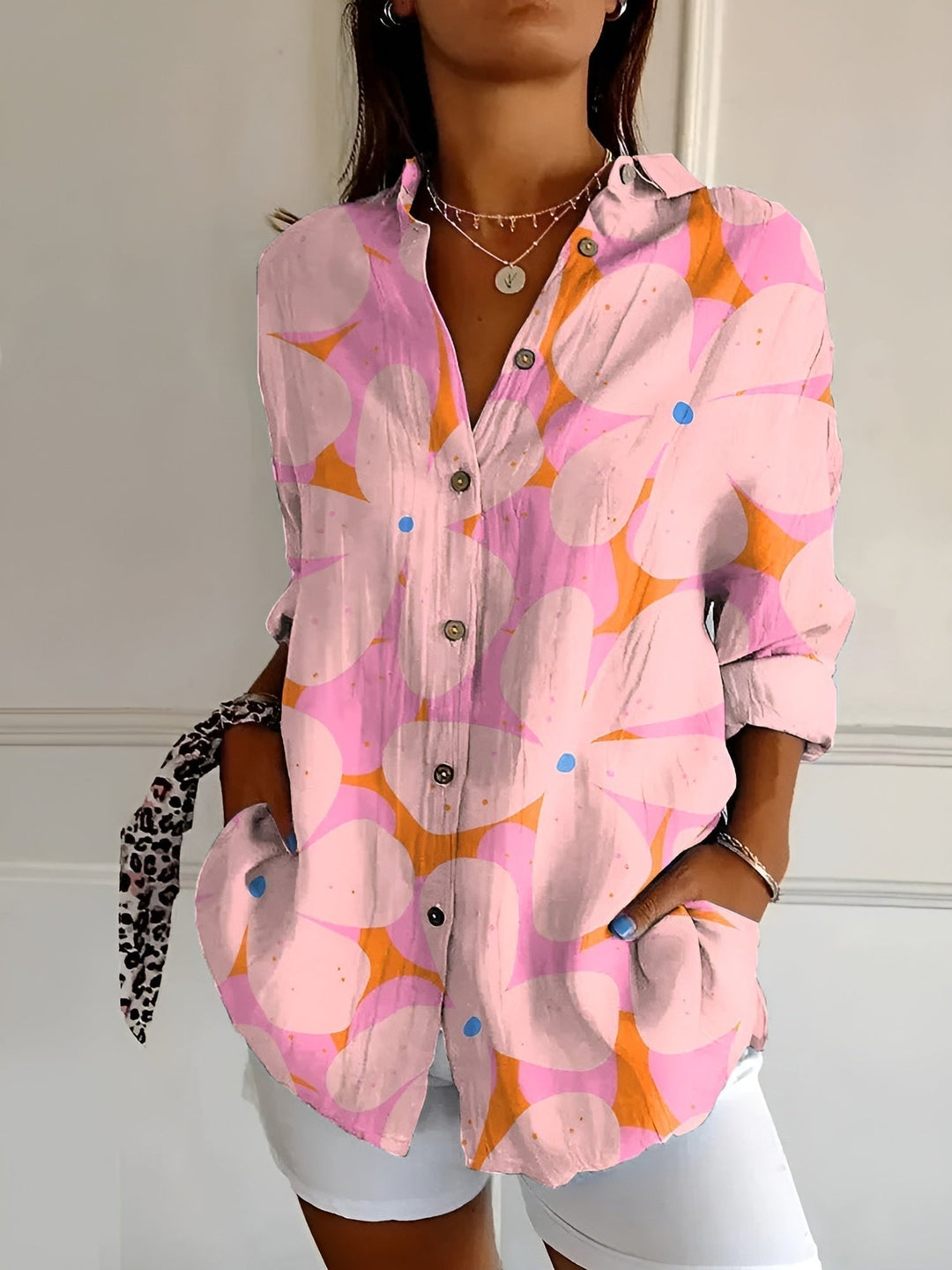 Women's printed button shirt with collar, marine motifs and three-quarter sleeves