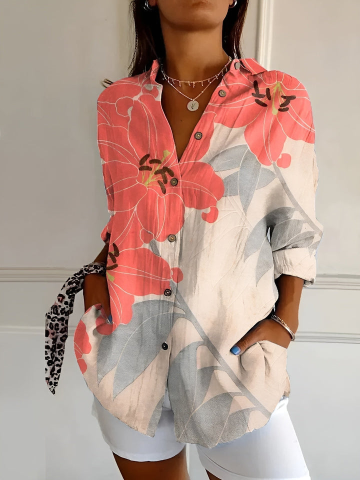 Women's printed button shirt with collar, marine motifs and three-quarter sleeves