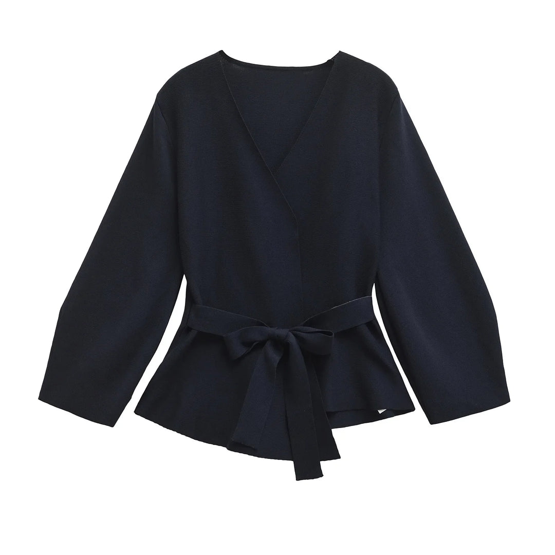 Women's long-sleeve wrap knit top with V-neckline and tie waist
