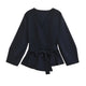 Women's long-sleeve wrap knit top with V-neckline and tie waist