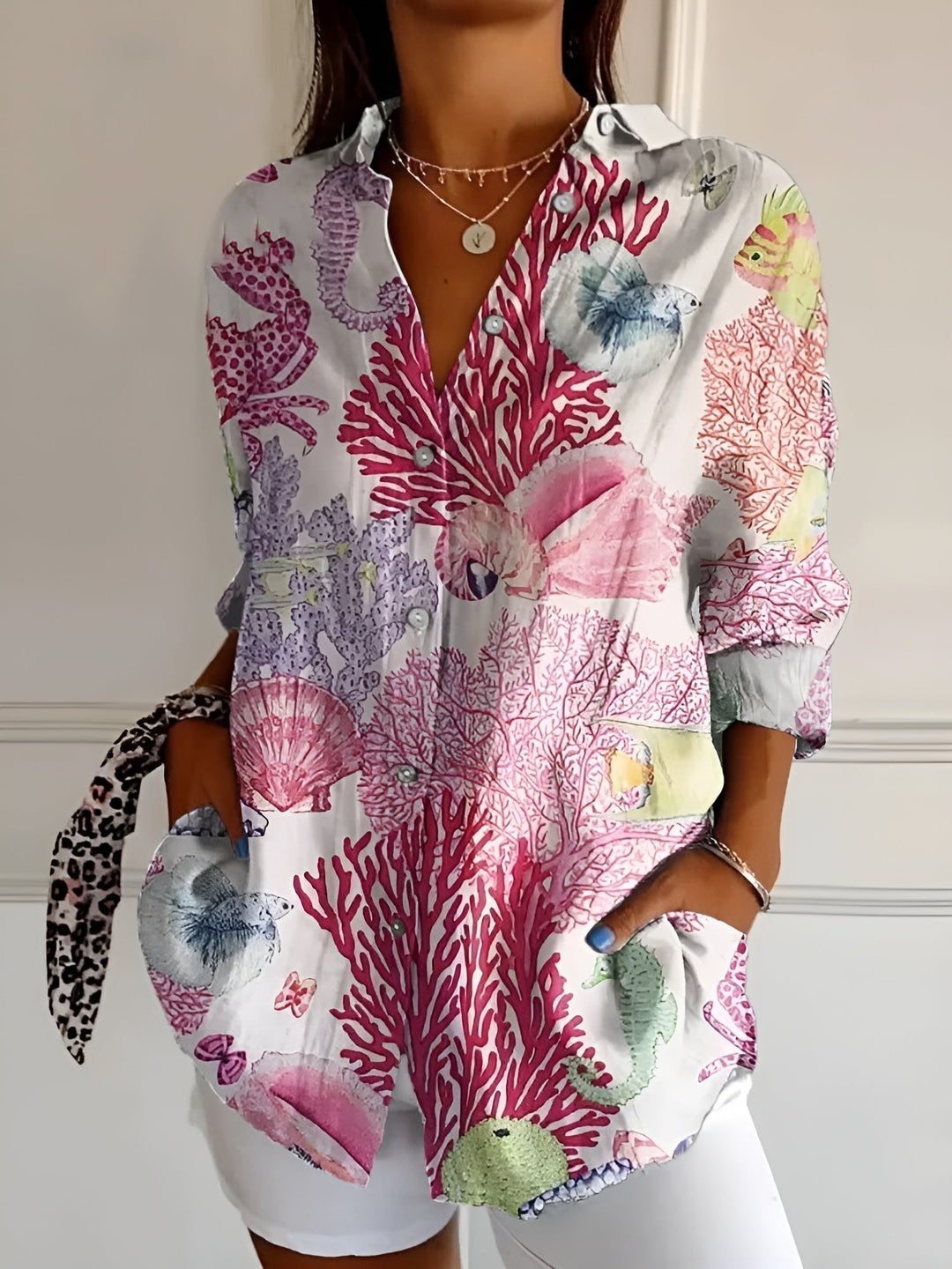 Women's printed button shirt with collar, marine motifs and three-quarter sleeves