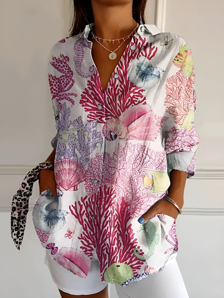 Women's printed button shirt with collar, marine motifs and three-quarter sleeves