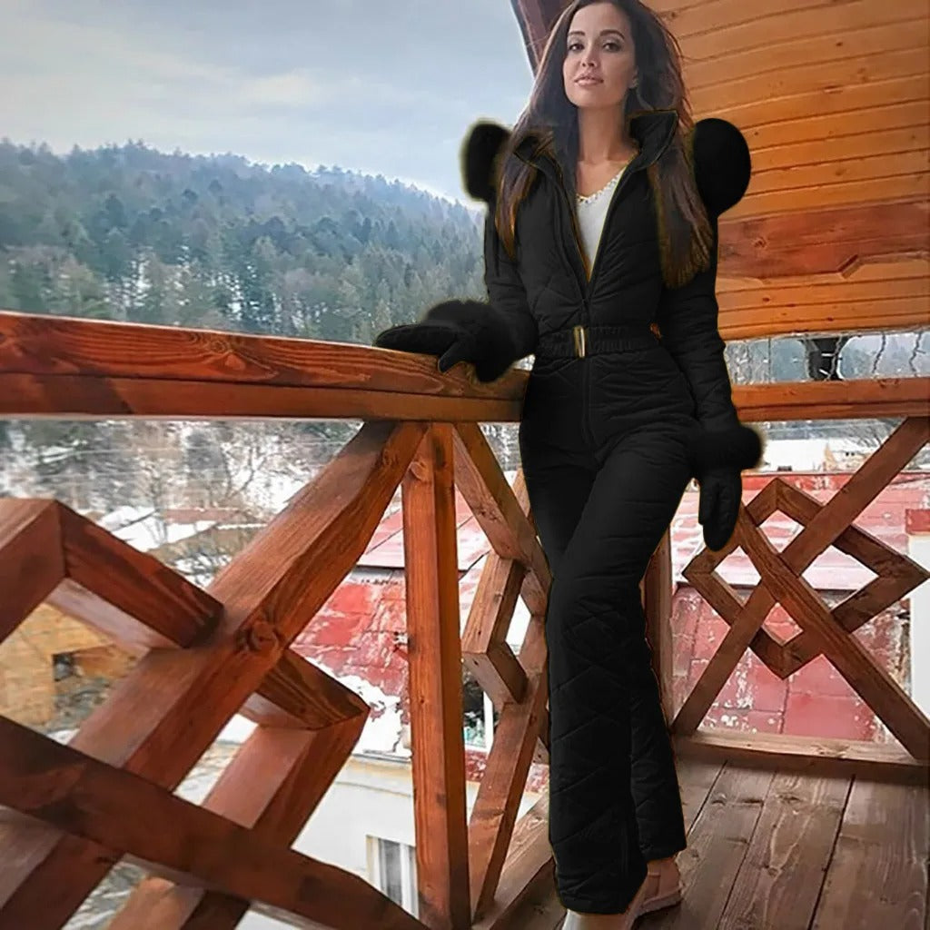 Women's quilted ski jumpsuit with belt and high collar