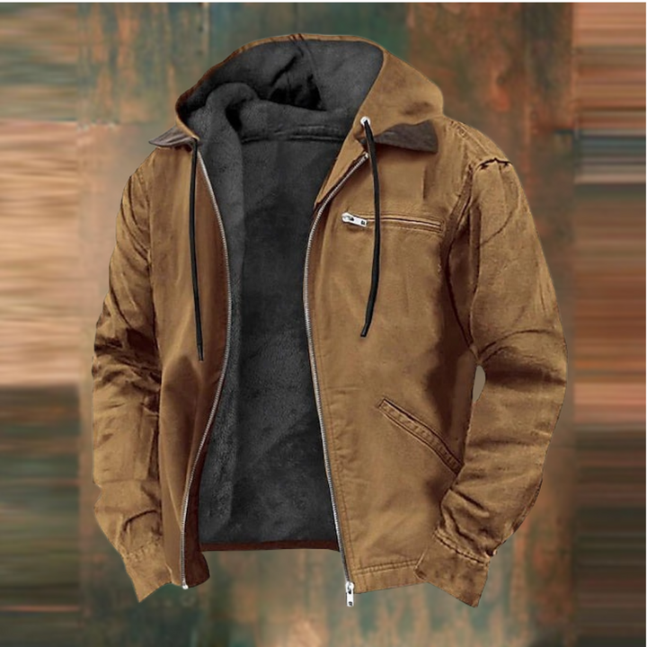 Men's hooded zip jacket with long sleeves and multiple zipped pockets