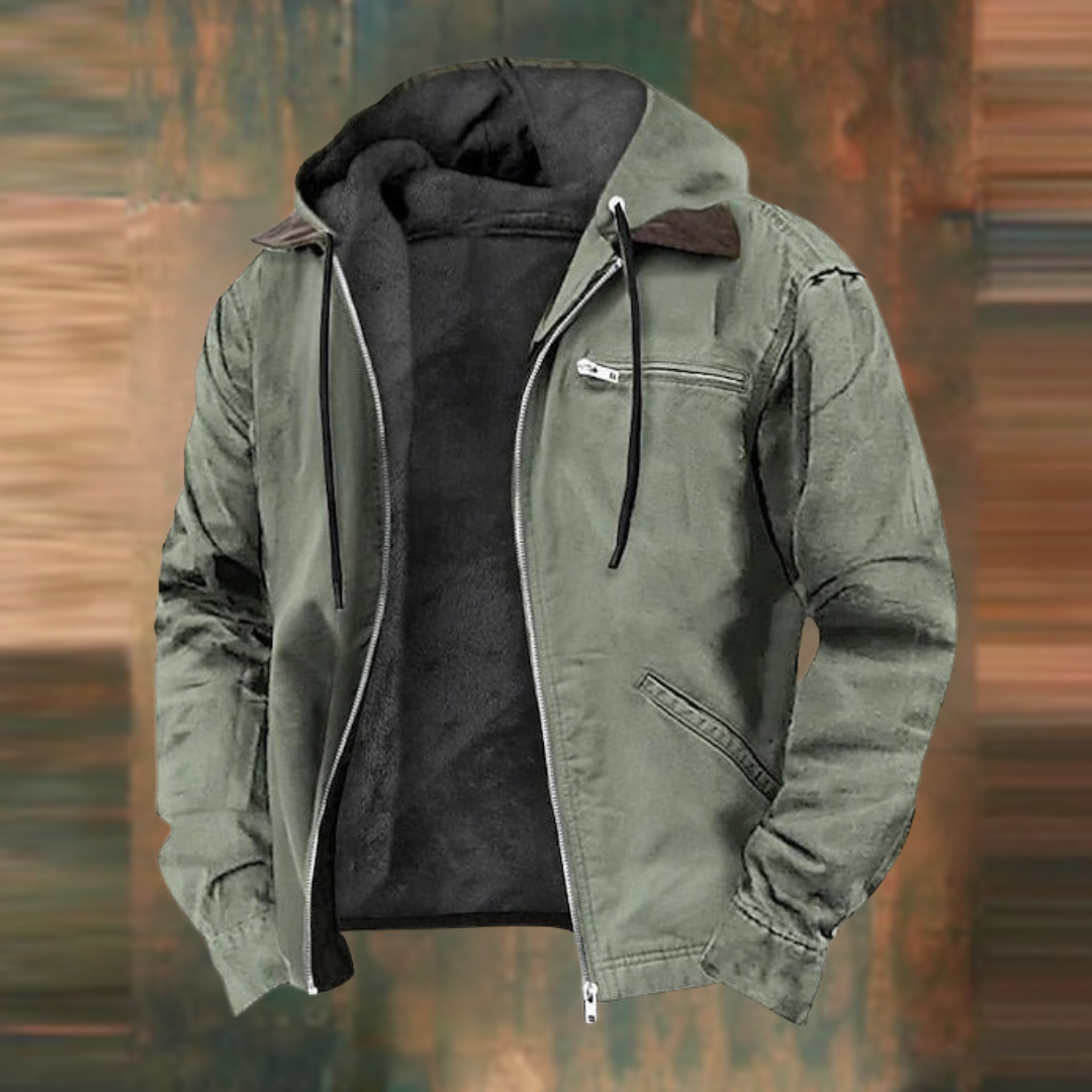 Men's hooded zip jacket with long sleeves and multiple zipped pockets