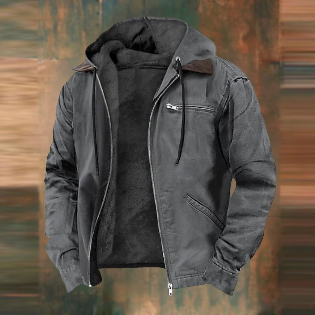 Men's hooded zip jacket with long sleeves and multiple zipped pockets