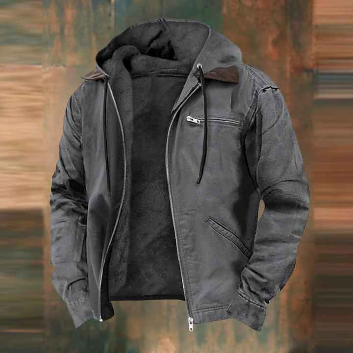 Men's hooded zip jacket with long sleeves and multiple zipped pockets
