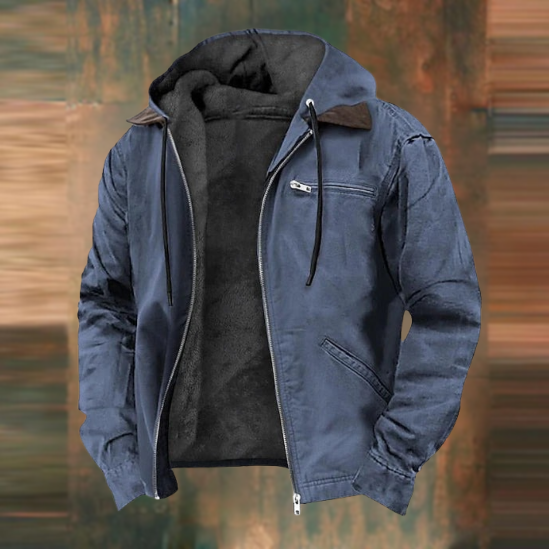 Men's hooded zip jacket with long sleeves and multiple zipped pockets