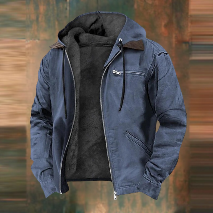 Men's hooded zip jacket with long sleeves and multiple zipped pockets